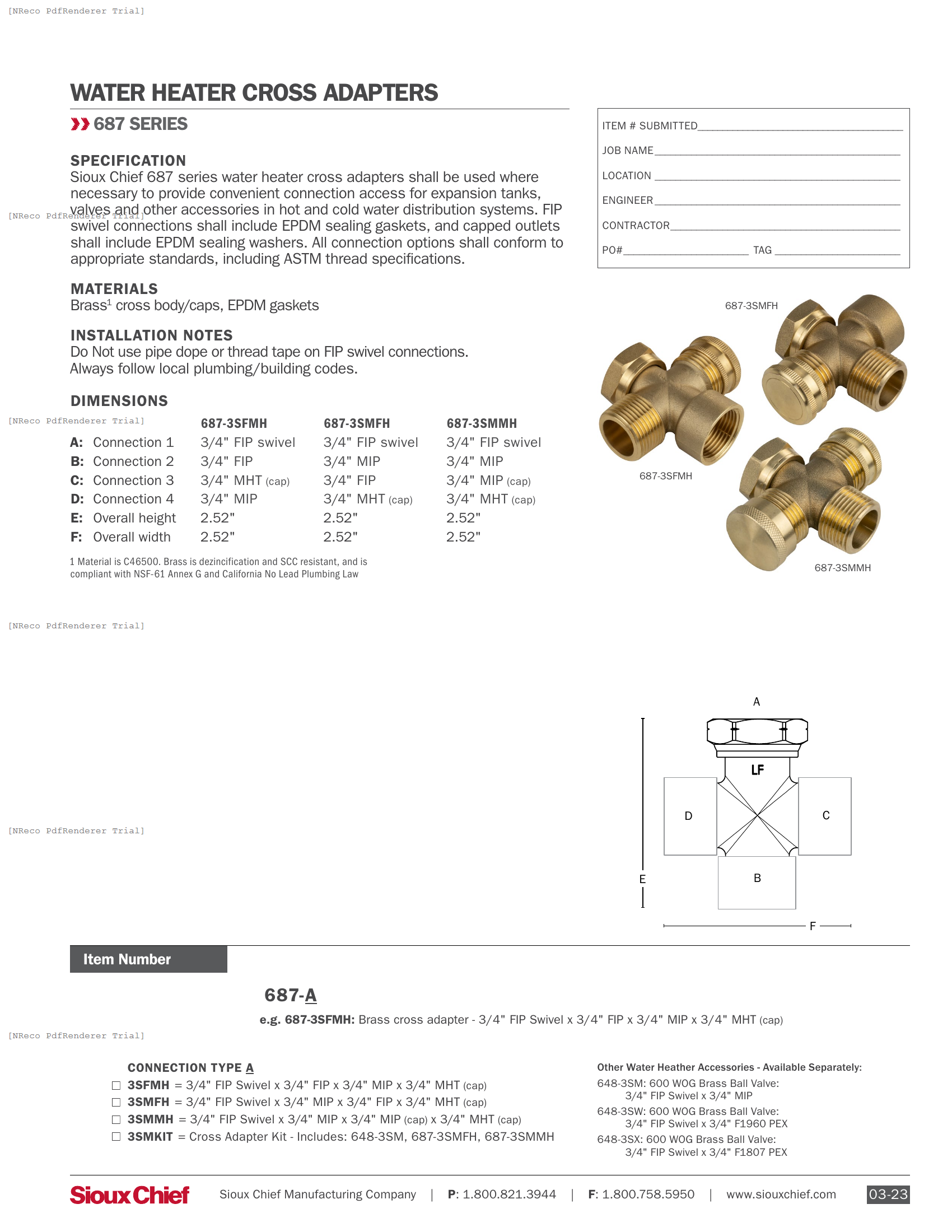 687 SERIES - WATER HEATER CROSS ADAPTERS - SPEC SHEET.PDF Specification Document